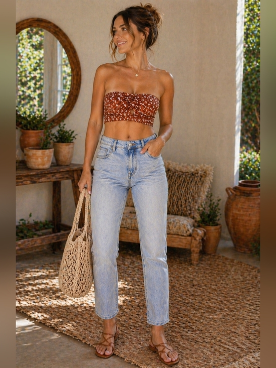Princess Polly Tops - Princess Polly Brown Floral Bandeau Top Sz 8 Strapless Crop Tube Top